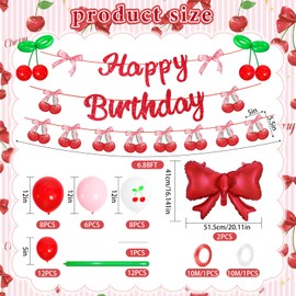 Cherry Birthday Decorations Cherry Theme Happy Birthday Banner Party Decorations with Cute Cherry Balloons, Red Bow Foil Balloons,Cherry Party Supplies for Birthday Party