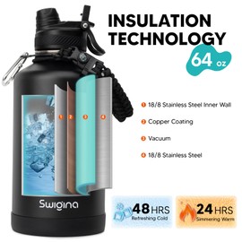 Swigina [2-IN-1 LID] 64 oz Insulated Water Bottle with Silicone Boot (48hrs Cold/24hrs Hot) - DIY Stickers, Leakproof, BPA Free, Half Gallon