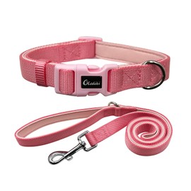 Olahibi Dog Collar Leash Set, Durable Nylon Webbing with Soft Neoprene Padding, Medium Dogs(M, Light Pink)