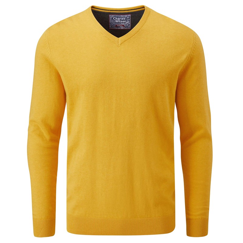 Charles Wilson Men's Fine Knit Cotton V-Neck Jumper (M, Yellow