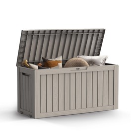 Mars Villa 72 Gallon Deck Box, Outdoor Storage Box Waterproof, Outside Resin Storage Bin for Patio Furniture Cushions, Pool Supplies, Garden Tools, UV-Resistant and Weatherproof, with 4 Wheels, Greige