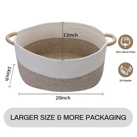 HIFEASTS Large Cotton Rope Storage Basket with Handles, Hamper, Laundry Basket, 20 "L x 14" W x 12 "H, Home Decor to Storage Blanket &Toy, etc .(White & Brown)