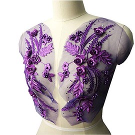 Lace Fabric 3D Flower Patches Tassel Beads Rhinestone Embroidered Wedding Gown Appliques Sew Patch for Dress DIY Decor 2 Pcs (Purple)