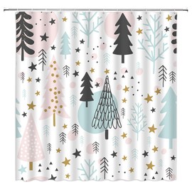 Winter Christmas Shower Curtain Blue Pink Gray Xmas Tree Snowflake Star Rustic Winter Holiday Merry Christmas Seasonal Featival Bathroom Decor Fabric Curtain with Hooks