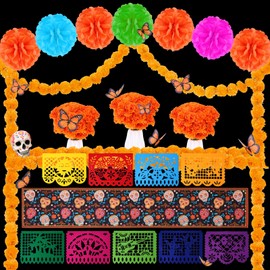 95Pcs Day of The Dead Decorations Set,50 Marigold Flower with Stem,32 Butterfly,4 Garland,Mexican Party Banner，7 flower balls ,1 Table Runner,for Dia de Los Muertos Decor Indian Diwali Altar Decor