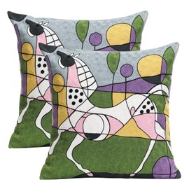 Pilmandu Pack of 2 Decorative Square Pillowcase Abstract Art Embroidered Throw Pillows Cover for Couch Farmhouse Patio Garden Sofa Chairs 18x18 Inch (Cartoon Horse)