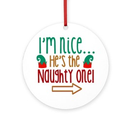 CafePress Im Nice Hes Naughty Elf Hat Round 4" MDF Holiday Ornament