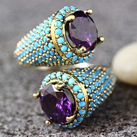 QUSIIOSLK 14K Gold Plated Open Amethyst Ring with Turquoise Rings on Both Sides Wedding Jewelry for Women Vintage Gothic Purple Crystal Ring Cocktail Party for Women Christmas Gifts (Size-8)