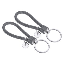 PATIKIL Braided Leather Keychain with Stainless Steel Key Ring Sleeve, 2 Pack PU Woven Wristlet Lanyard Strap Fob Keyring Holder for Car Bag Wallet Pendant, Gray