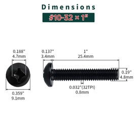 #10-32 x 1" Stainless Pan Head Machine Screws 50 Pcs, 18-8 (304) Stainless Steel Phillips Drive Pan Head, Full Thread, Black Coated, Fayeploo (with Double End Screwdriver Bit)