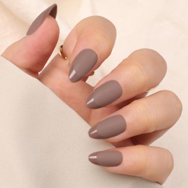 Artquee Brown Almond Press on Nails Short Fake Nails with Glossy French Tips in a Matte Finish Reusable False Stick on Fingernails for Women Kit - 32 Pcs in 16 Sizes