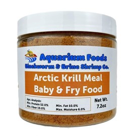 Aquatic Foods Inc. Arctic Krill Meal, 55% Protein Vitamin Rich Floating Fry Food for Newly Hatched Koi & Pond Fish, All Newly Hatched Community Tropical Fish, Cat Food Additive…7.2oz Med Round Jar