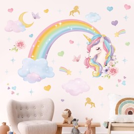 wondever Rainbow Wall Stickers Unicorn Clouds Peel and Stick Wall Art Decals for Girls Bedroom Kids Room Baby Nursery Wall Decor Living Room