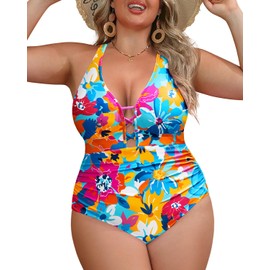 Yonique Women Plus Size One Piece Swimsuit Tummy Control Bathing Suits Lace up Plunge Swimwear Colorful Flowers 16W
