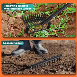 FreshFarm Stirrup Hoe with 76.8" Adjustable Long Handle Hula Hoe Weed Puller Heavy Duty Garden Hoe with 12 Tines Rake 2-in-1 Gardening Tool for Loosening Soil, Gathering Leaves, Weeding