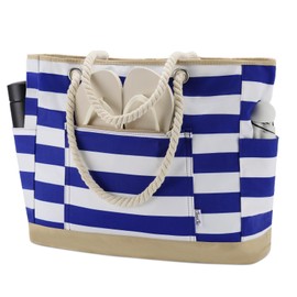 Chase Chic Beach Bag for Women, Large Beach Tote Multiple Pockets Summer Pool Bag with Zipper for Travel,Vacation Blue