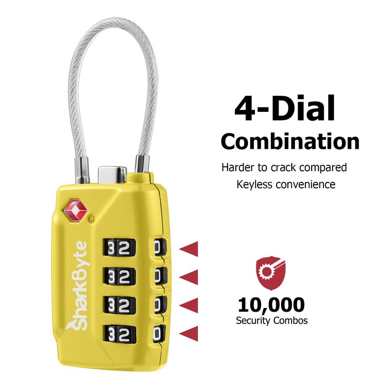 SharkByte TSA Approved Suitcase Locks - 4-Dial Security Travel Combination