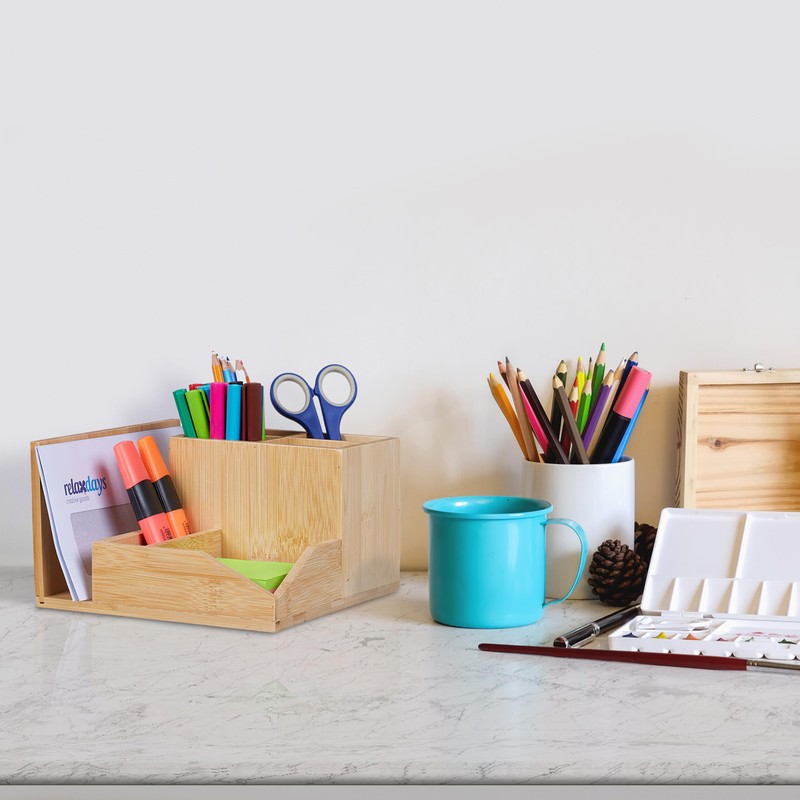 Relaxdays Bamboo Desk Organiser, 7 Compartments, for Pens, Documents, 11