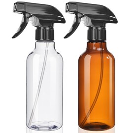 Spray Bottles 2-Pack, 10 Oz, Mist & Stream, Heavy Duty Spraying Empty Water Sprayer Bottle, BPA Free Plastic Refillable Containers for Cleaning Solutions, Plants, Hair, Essential Oils (Clear & Amber)