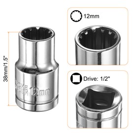 sourcing map 12 Point Socket 1/2" Drive by 12mm Metric Shallow Socket Chrome Vanadium Steel 12-Point Standard Sockets Mechanic Hand Tool for Car Repair Mechanical Maintenance Home Use