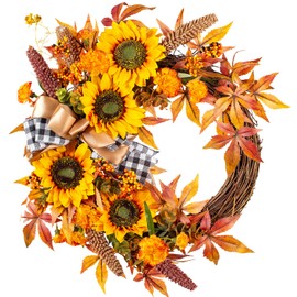 WANNA-CUL 16 Inch Fall Wreath Decor for Front Door with Sunflowers, Grains, Maple Leaves, Berries and Orange Carnations, Harvest Door Wreath for Autumn or Thanksgiving Decoration