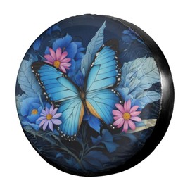 Dujiea Blue Butterfly Flower Spare Tire Cover, Universal Wheel Tire Cover Dust-Proof Tire Protectors for Trailer Rv Van SUV Truck Camper and Many Vehicle 14 15 16 17 Inch