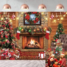 Christmas Fireplace Backdrop 7x5FT Winter Vintage Merry Christmas Eve Photography Background for Family Kids Xmas Party Decoration Portrait Photo Booth Props