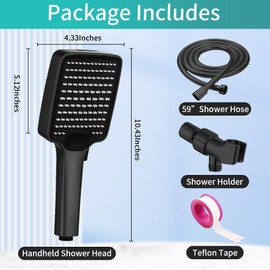 SELLO Matte Black Shower Head with Handheld, High Pressure Handheld Shower Head with Push Button, 5''Square Detachable Shower head with 59“ Stainless Steel Hose and Adjustable Showerhead Holder