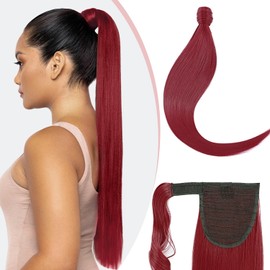 S-noilite Wrap Around Straight Ponytail Extensions 26 Inch Long Straight Clip in Ponytail for Women Synthetic Magic Wrap Pony Tail Hairpiece Soft Silky (26"Straight,Dark Red)