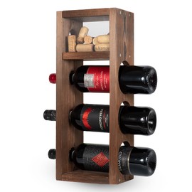 Rustic State Sonoma Countertop Wood Vertical Wine Rack with Cork Storage - Freestanding Tabletop Liquor Holder Shelf Organizer - Holds 3 Bottles - Home Kitchen Dining Room Bar Décor - Burnt Brown
