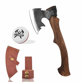 THRWCLUB 15.5" Hand Forged Hatchet, Camping Hatchet with 1065 Carbon Steel & Wooden Handle, Bushcraft Axe with Leather Sheath and Axe Sharpener, Survival Ax for Outdoor Adventures and Gardening