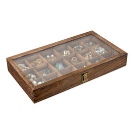 MOOCA Wooden Display Storage Case with Tempered Glass Lid for Jewelry and Beads with 18 Compartments Tray, 15 W x 8 3/8 L x 2 1/8 H in, Brown Color