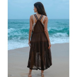 Gacaky Summer Dress for Women Casual Floral Embroidered Bohemian Dress Adjustable Straps Bib Maxi Flowy Dresses with Pockets Coffee S