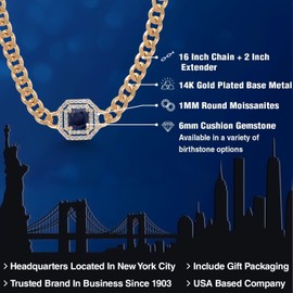 Collar de piedra preciosa chapada en oro amarillo de 14 quilates con piedra natal y moissanita blanca, collar con colgante de cadena cubana para mujer, cojín de 6 mm, cadena de 16 pulgadas + extensor