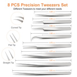 Precision Tweezers, 8PCS Precision Stainless Steel of Tweezers Setfor Craft, beauty care、Electronics, Soldering, Experimental Work, Jewelry-Making
