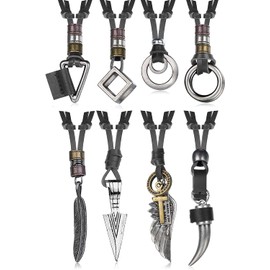 Diamday Pack of 8 Leather Necklace for Men Women Vintage Pendant Leather Cord Necklaces Black Brown Feather Arrowhead Wolf Tooth Wings Double Ring Sweater Chain Statement Men's Necklace, Leather,