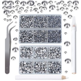QOGIR 6300pcs Metallic Silver Hotfix Rhinestones for Crafts Clothes DIY with Tweezers and 2 Picking Pens Mixed Size Flatback Rhinestone