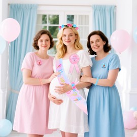 Diartpaint Ice Cream Gender Reveal Party Favor He or She Maternity Sash Mom&Dad to Be Corsage Pin with Headband Wristband Team Boy or Girl Button Pin Silicone Wristband for Ice-Cream Baby Shower