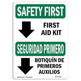OSHA Safety First Sign - First Aid Kit Bilingual | Rigid Plastic Sign | Protect Your Business, Construction Site, Warehouse & Shop Area | Made in The USA