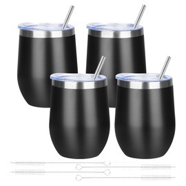 YEBTS Life 12oz/4 Pack Wine Tumbler Glasses with Lid Stemless Double Wall Vacuum Stainless Steel Travel Tumbler Keeping Cold & Hot for Wine,Coffee,Cocktails,Drinks-Family and Gifts (Black)