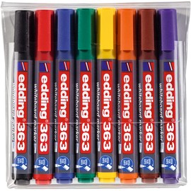 edding 363 whiteboard marker set - multi-coloured - 8 whiteboard pens - chisel nib 1-5 mm - whiteboard pen dry wipe - for whiteboards, flipcharts, magnetic, memo boards - sketchnotes - refillable