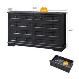 SOOWERY Dresser for Bedroom, Farmhouse Dresser with 8 Wooden Drawers and Storage Cabinet, 55 Inches Wide Chest of Drawers for Bedroom, Living Room, Hallway, Black