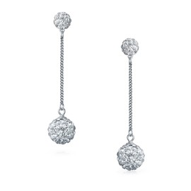 White Crystal Pave Round Double Disco Ball Drop Linear Prom Chandelier Dangle Earrings For Women .925 Sterling Silver