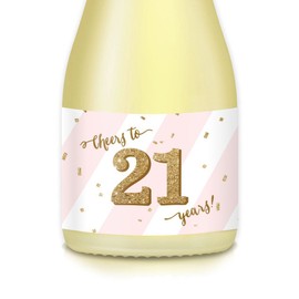 CHEERS TO 21 YEARS! Woman's 21st Twenty-First Adult Birthday Party Gift Ideas, Decorations, Set of 20 Mini Champagne & Wine Bottle Labels, Pink & Gold Decals Celebrate B-day Daughter, Sister, Fiancée