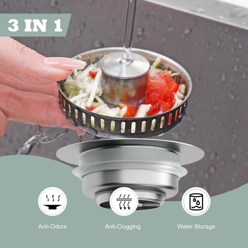 Kitchen Sink Drain Strainer 3 in 1, 304 Stainless Steel