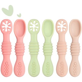 Juego de 6 Cucharas Masticables de Silicona Pequeños, Cucharas para Bebe de Silicon,Cuchara Entrenadora para Papilla y Alimentos, Sin BPA, Apto para Microondas, Lavavajillas
