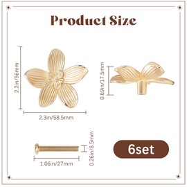 CREATCABIN 6 Sets Gold Flower Drawer Knobs Cabinet Knobs Dresser Knobs Alloy Drawer Pulls Handles Single Hole Hardware Handle with Screw for Kitchen Furniture Cupboard Wardrobe Door Pulls 2.2x2.3Inch