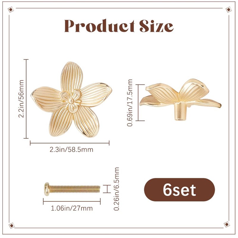 CREATCABIN 6 Sets Gold Flower Drawer Knobs Cabinet Knobs Dresser