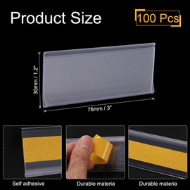 uxcell 100 Pcs Self Adhesive Label Holder Shelf Tag, 3 x 1.2 Inch Shelf Strips Price Tag Index Card Clear Labels Holders with Paper Label for Supermarket Library Bookshelf