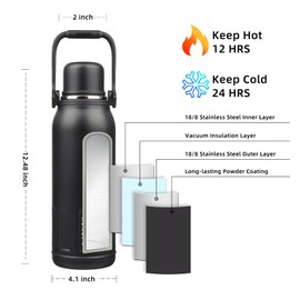 BJPKPK Insulated Water Bottle 50oz Vacuum Insulated Stainless Steel Water Bottles with Handle and Lid Travel Metal Thermos for Outdoor Sports,Black